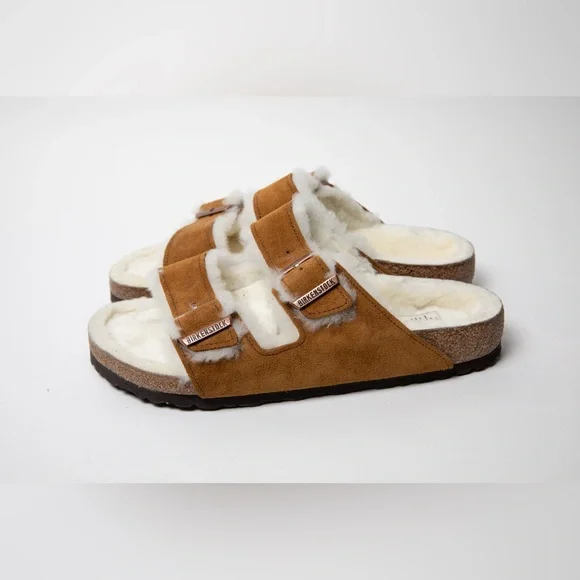 Birkenstock Arizona Shearling Mink Brown Tan Sandals 42 11 regular width. - Picture 1 of 5